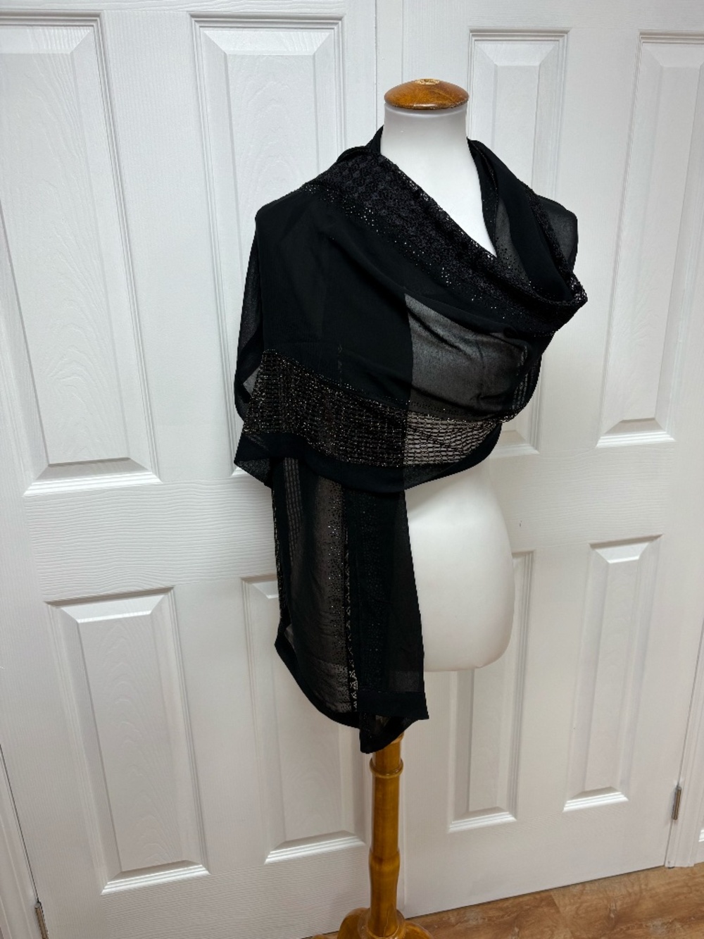 Beautiful Black Evening Chiffon/Silk Scarf with Mesh Geometric Patterns - In Bag
